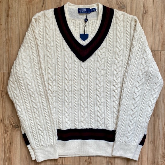 New!🍁Polo Ralph Lauren Cable Knit Alpaca Wool V-Neck Jumper Varsity Sweater XXL - Picture 3 of 15